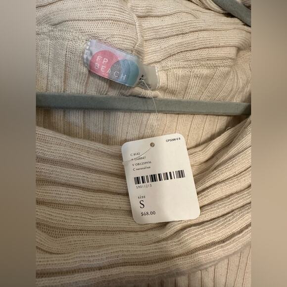 NWT Free People Beach 100% Cotton Stevie Pullover Cream Ribbed Off Shoulder - Picture 4 of 7